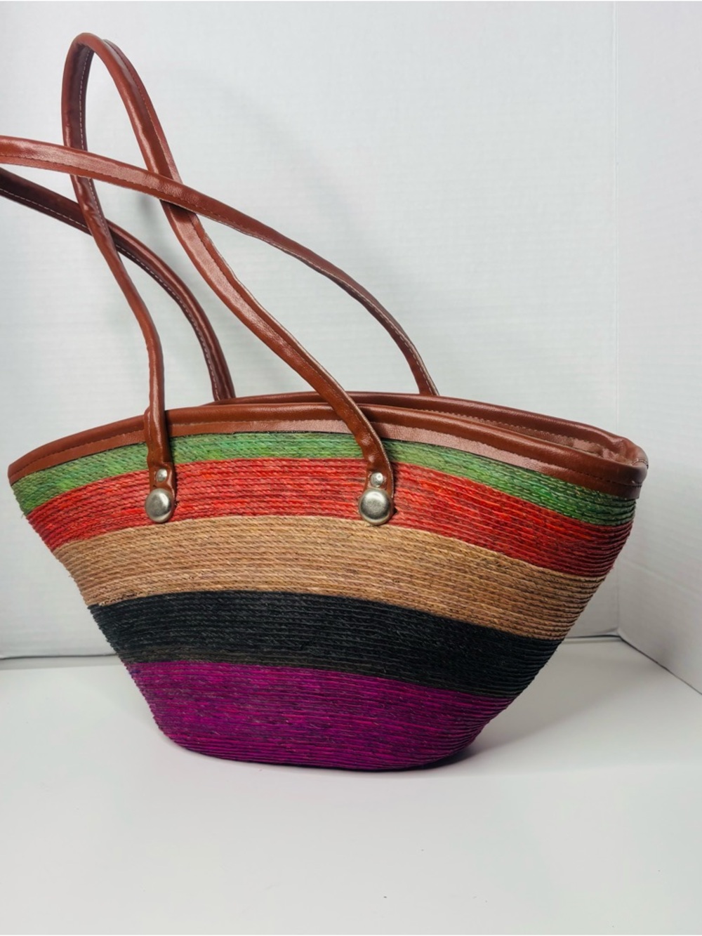 Multicolor Striped Straw Tote with Brown Handles